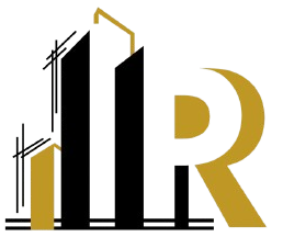 Modern real estate logo with gold and black skyscraper design and letter R