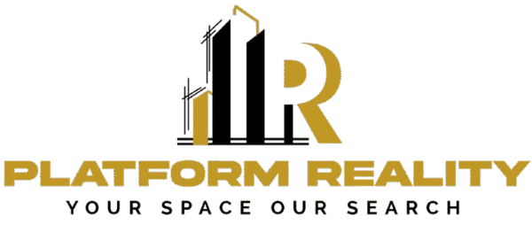 Modern real estate logo with gold and black skyscraper design and letter R